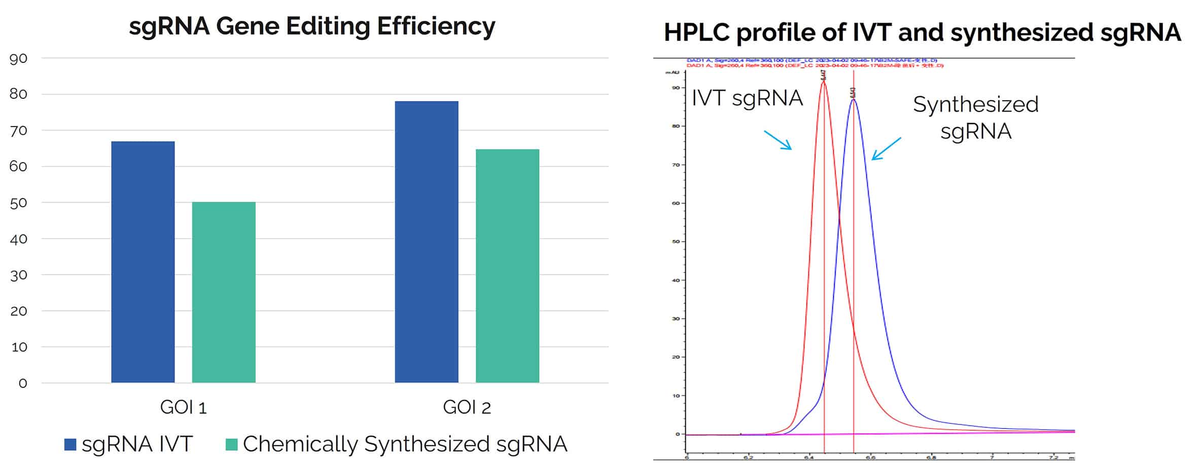 Gene editing efficiency using IVT sgRNA and chemical-synthesized sgRNA in two separate gene editing projects depicted in a bar graph and an HPLC profile.