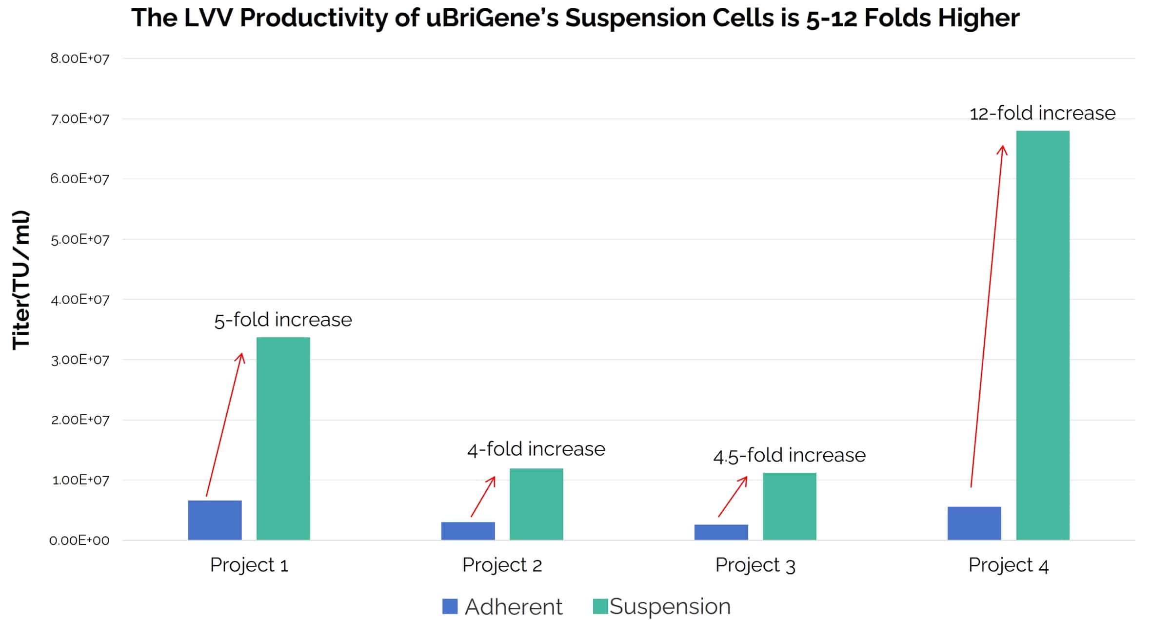 Bar graph of LVV production of ubrigene's suspensions cells being 5-12 fold higher than adherent cells.